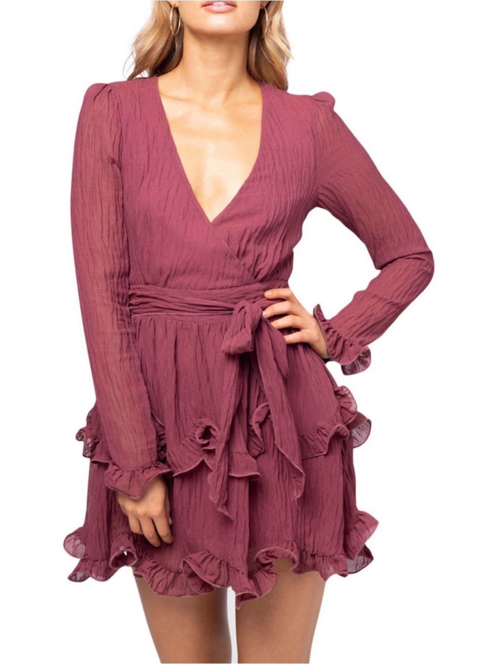 NWT Etiquette Boutique Dusty Rose Ruffle Tiered Long Sleeve Mini Dress Size S